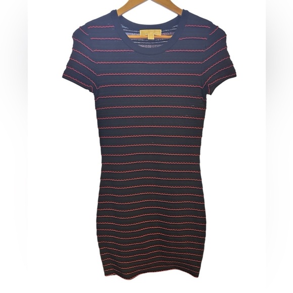 MICHAEL MICHAEL KORS Navy & Red
Ruffled Stripe Stretch-Viscose Dress Size Small - Picture 2 of 7